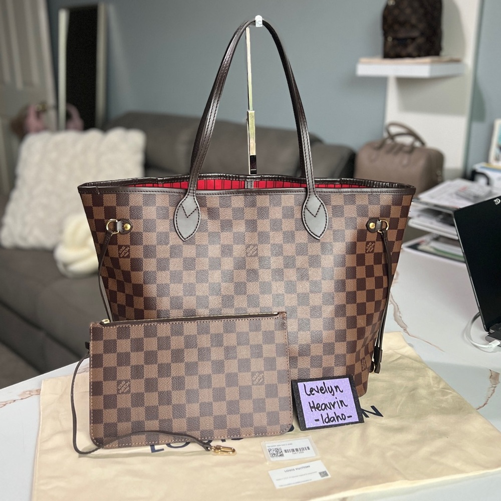 SOLD-Authentic Louis Vuitton Neverfull MM Set Damier Ebene Red